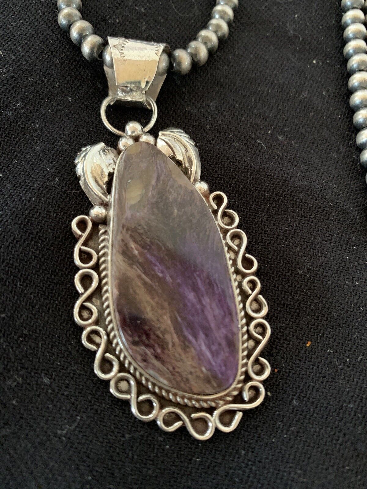 Navajo Pearls Necklace with Purple Charoite Pendant | Sterling Silver | Authentic Native American Handmade | 652