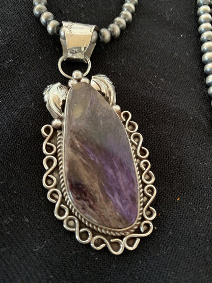Navajo Pearls Necklace with Purple Charoite Pendant | Sterling Silver | Authentic Native American Handmade | 652