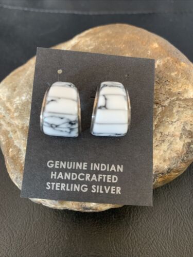 Navajo White Buffalo Turquoise Inlay Earrings | Sterling Silver | 0.50" | Authentic Native American Handmade | 12997