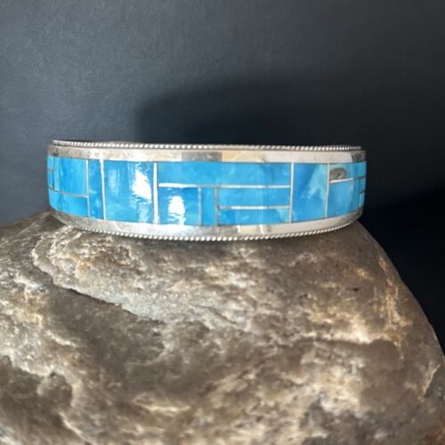 Native Womens Blue #8 Turquoise Cuff Inlay Bracelet Sterling Silver 14321