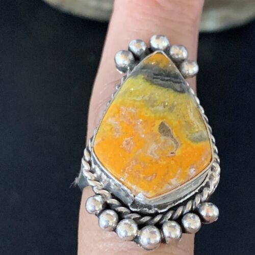 Navajo Yellow Bumble Bee Jasper Ring | Sterling Silver | Sz 9.5 | Authentic Native American Handmade | 13526