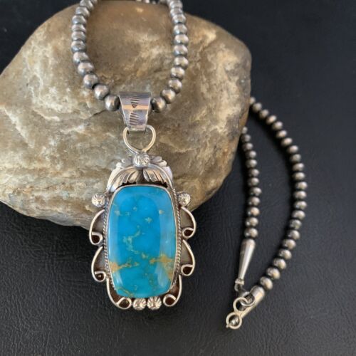 Men's Navajo Blue Kingman Turquoise Pendant Necklace | Sterling Silver | Authentic Native American Handmade | 13665