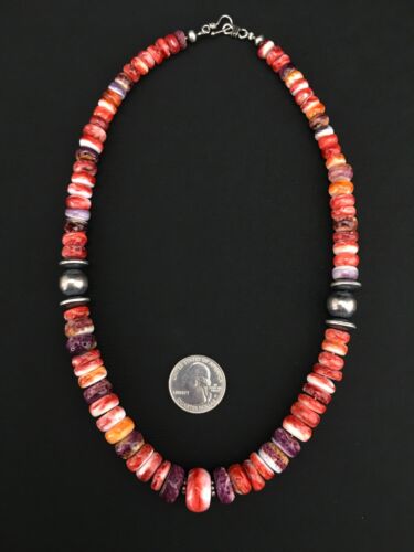 Navajo Sterling Silver Graduated Spiny Oyster Necklace | Authentic Native American | 18" | 4855