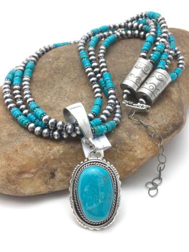 Navajo Pearls Kingman Turquoise Pendant Necklace | Sterling Silver | 3-Strand Set | 21" | 3001