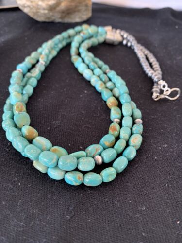 Navajo Royston Turquoise Necklace | 3 Strand | Sterling Silver | Authentic Native American Handmade | 494