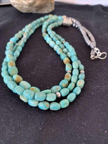 Navajo Royston Turquoise Necklace | 3 Strand | Sterling Silver | Authentic Native American Handmade | 494 - Masha USA