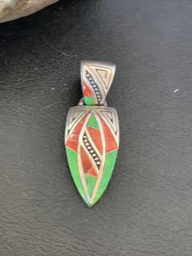 Navajo Pink Coral & Green Gaspeite Inlay Pendant | Sterling Silver | Authentic Native American Handmade | 12483