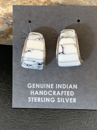 Navajo White Buffalo Turquoise Inlay Earrings | Sterling Silver | 0.50" | Authentic Native American Handmade | 12997