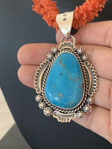 Navajo Sterling Silver Coral Bead Necklace with Turquoise Pendant | Multi-Strand | Authentic Native American Handmade | 767