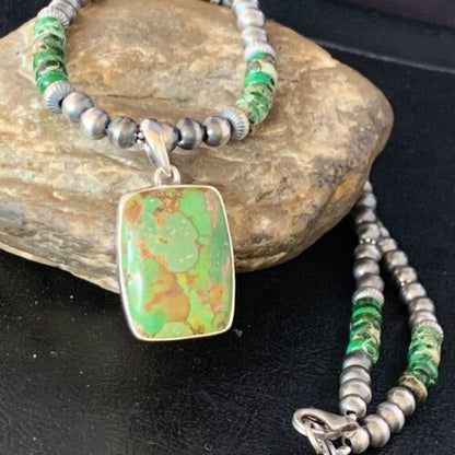 Navajo Pearls Green Mojave Turquoise Pendant Necklace | Sterling Silver | Native American Handmade | 13462
