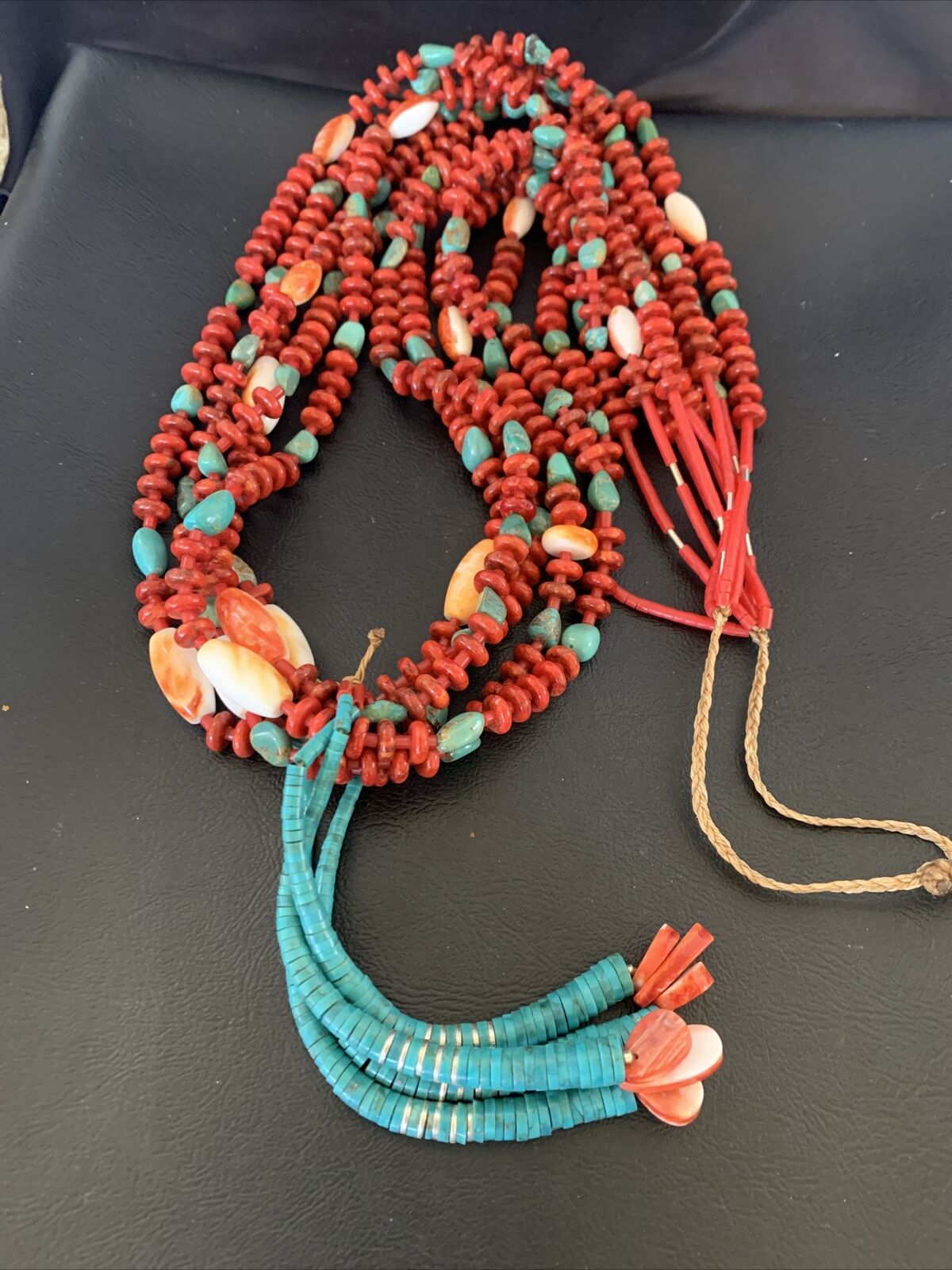 Southwestern Santo Domingo Red Coral Green Turquoise 5-Strand Jacla Necklace | 36" | Native American Handmade | 12053