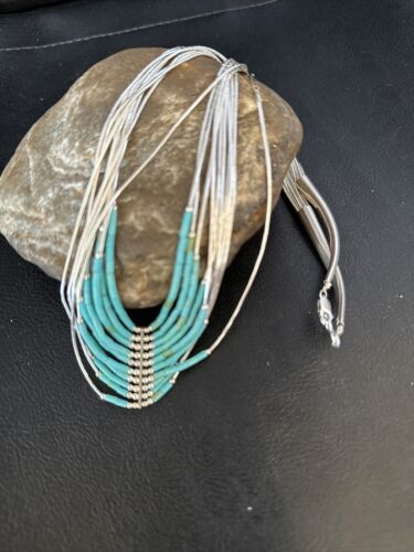 Southwestern Liquid Silver Heishi Necklace | 10 Strand | Turquoise | Sterling Silver | 14819