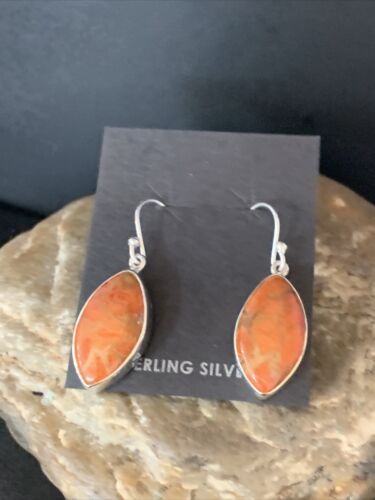 Native American Orange Apple Coral Dangle Drop Earrings | Sterling Silver | 1" | 14096