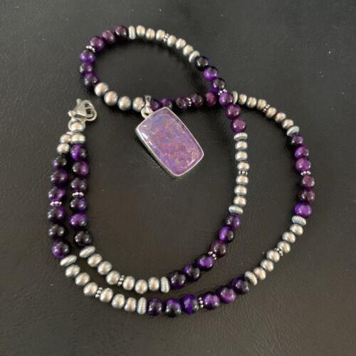 Navajo Pearl Purple Mojave Turquoise Onyx Pendant Necklace | Sterling Silver | Authentic Native American Handmade | 13404