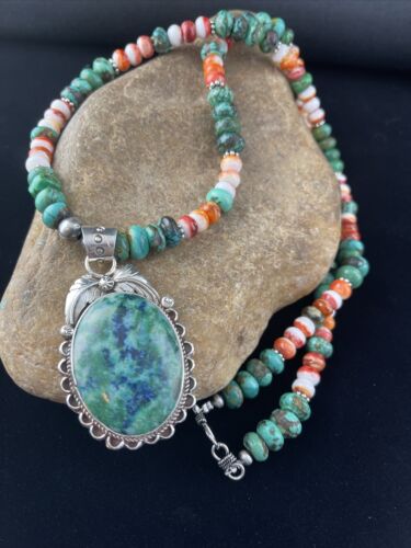 Men's Navajo Sterling Silver Necklace | Spiny Oyster & Turquoise | Moss Agate Pendant | Native American | 01625
