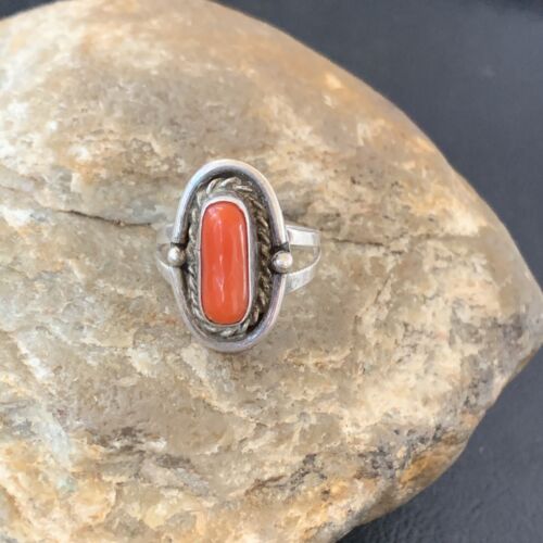 Native American Old Pawn Navajo Red Coral Ring | Sterling Silver | Sz 6 | 10368