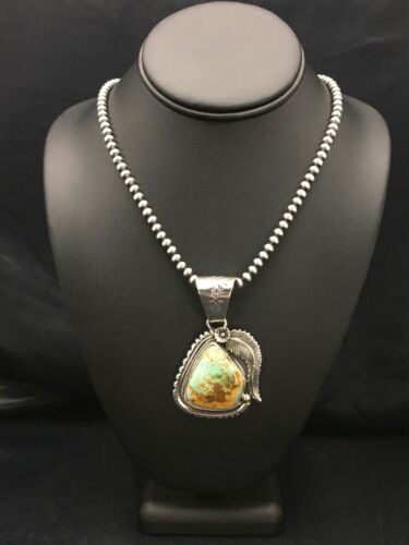 Navajo Pearls Sterling Silver Royston Turquoise Necklace Pendant Set | 2.75" | Authentic Native American Handmade | 2880