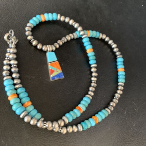 Navajo Sterling Silver Necklace | Blue Turquoise Coral Inlay Pendant | Southwestern |13841