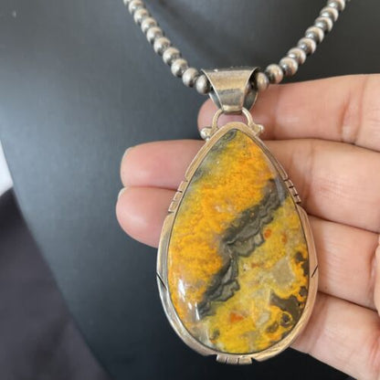 Men's Navajo Pearls Necklace with Bumblebee Jasper Pendant | Sterling Silver | Native American Handmade | 10548