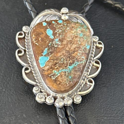 Navajo Blue Boulder Turquoise Bolo Tie | Sterling Silver | Authentic Native American Handmade | 14252
