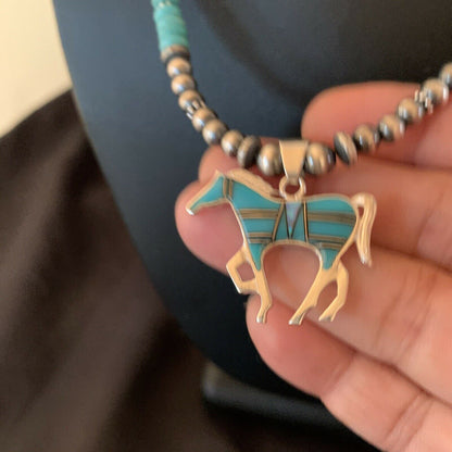 Navajo Horse Inlay Pendant | Blue Turquoise & Opal | Sterling Silver | Authentic Native American Handmade | 11469