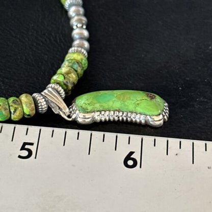 Navajo Green Turquoise Pendant Necklace | Sterling Silver | 22" | Authentic Native American Handmade | 14614 - Masha USA
