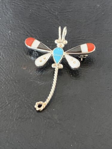 Zuni Turquoise Mother of Pearl Inlay Dragonfly Necklace Pin Pendant | Sterling Silver | 12319