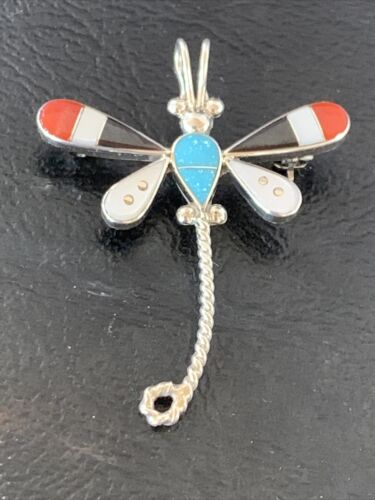 Zuni Turquoise Mother of Pearl Inlay Dragonfly Necklace Pin Pendant | Sterling Silver | 12319