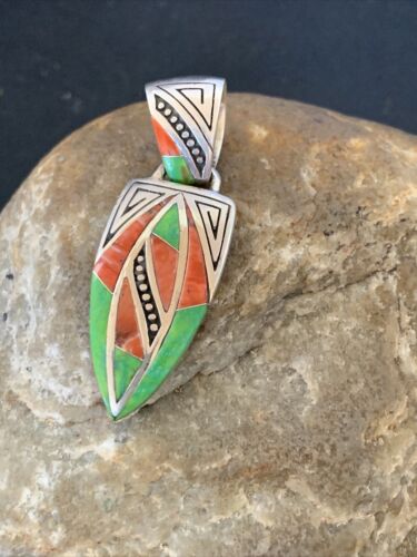 Navajo Pink Coral & Green Gaspeite Inlay Pendant | Sterling Silver | Authentic Native American Handmade | 12483
