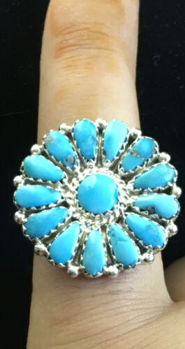 Navajo Blue Kingman Turquoise Cluster Ring | Authentic Native American Sterling Silver | Multi-Stone | Sz 7 | 10112