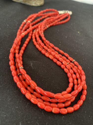 Native American Navajo 5-Strand Red Coral Necklace | Sterling Silver | Authentic Handmade | 01140