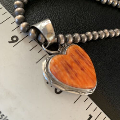 Navajo Orange Heart Spiny Oyster Pendant | Sterling Silver Necklace | Authentic Native American Handmade | 13948 - Masha USA