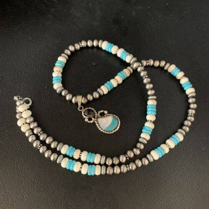 Navajo Mother of Pearl Turquoise Onyx Inlay Pendant Bead Necklace | Sterling Silver | Native American Handmade | 13566