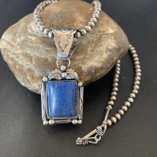 Navajo Denim Lapis Necklace with Pendant | Sterling Silver Pearls | Authentic Native American Handmade | 12438