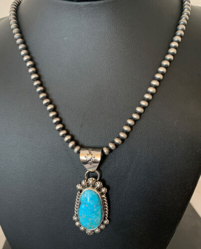 Men's Navajo Pearls Necklace with Blue Kingman Turquoise Pendant | Sterling Silver | Authentic Native American Handmade | 839