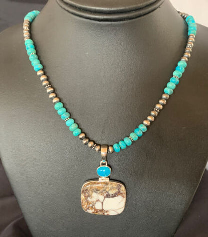Navajo Pearl Blue Turquoise, Wild Horse & Multi-Stone Pendant Necklace | Authentic Native American Sterling Silver | 11862