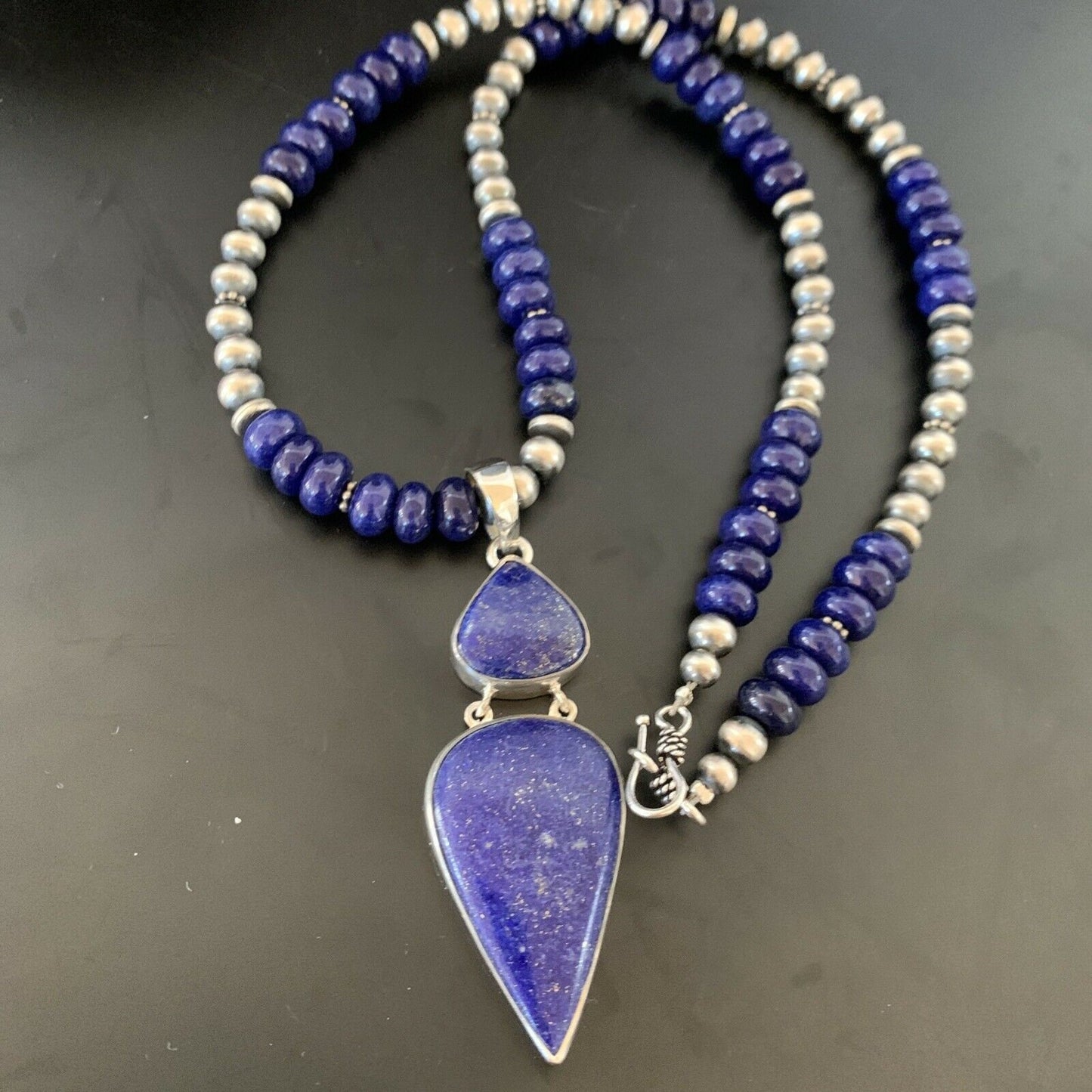 Navajo Sterling Silver Beads Necklace with Lapis Lazuli Pendant | 8mm | Authentic Native American Handmade | 11365