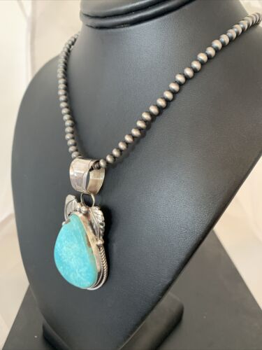 Blue Kingman Turquoise Pendant | Sterling Silver Navajo Pearls Men's Necklace 21" | 808