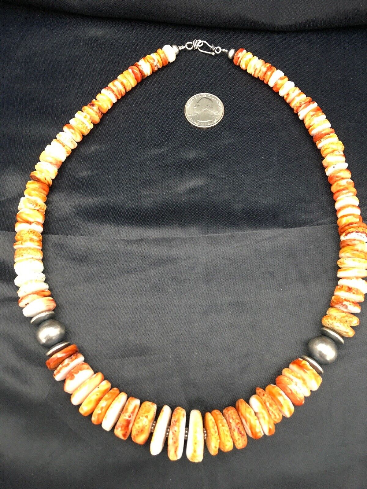 Orange Spiny Oyster Navajo Sterling Silver Necklace | Graduated | Authentic Native American | 26" | 2623