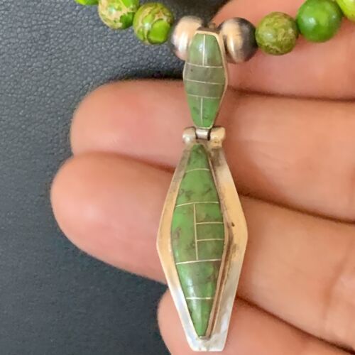 Navajo Green Gaspeite Turquoise Pendant | Sterling Silver Inlay | Authentic Native American Handmade | 12361 - Masha USA