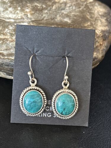 Navajo Blue Turquoise Dangle Earrings | Sterling Silver | 1" | Authentic Native American Handmade | 14772