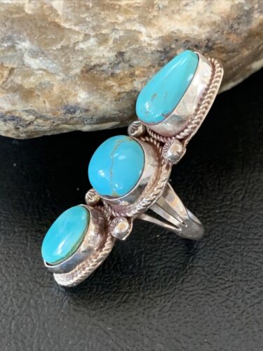 Navajo Blue Turquoise Cluster Ring | Authentic Native American Sterling Silver | Multi-Stone | Sz 8 | 2121