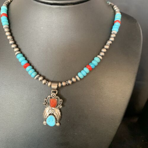 Navajo Sterling Turquoise Onyx Multi-Color Inlay Pendant | Southwestern Necklace | 21" | 13838