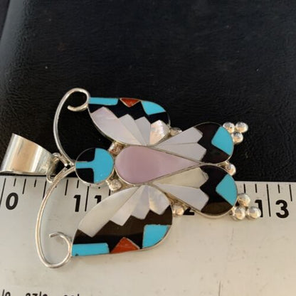 Zuni Butterfly Pendant Necklace | Turquoise Mother of Pearl Onyx Inlay | Sterling Silver | 13684