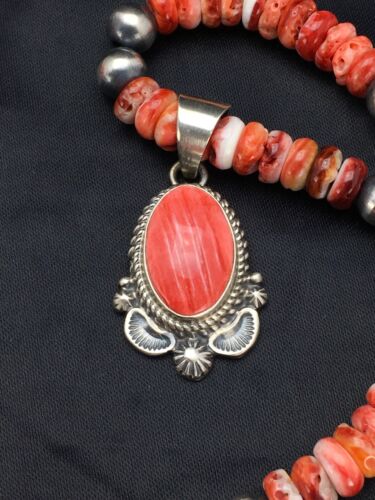 Navajo Red Spiny Oyster Pendant Necklace | Sterling Silver | Authentic Native American Handmade | 2690