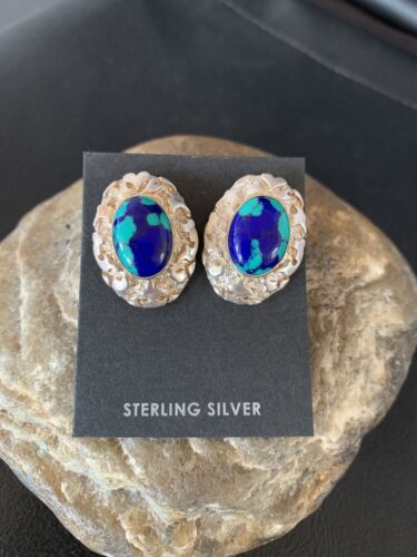 Native American Women's Blue Azurite Nugget Earrings | Sterling Silver | 13016