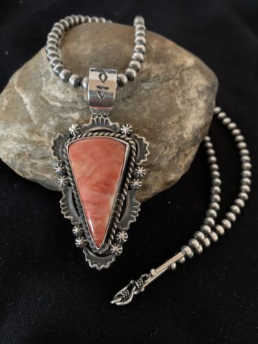 Navajo Red Spiny Oyster Pendant with Sterling Silver Pearls Necklace | Authentic Native American Handmade | 01657