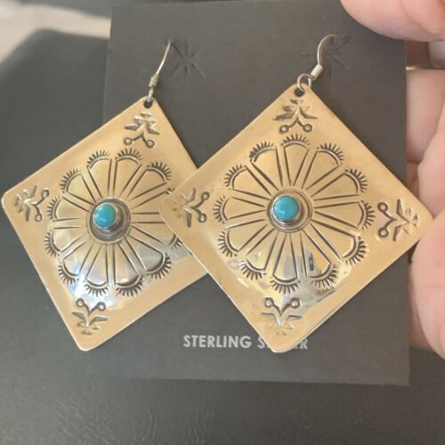 Navajo Turquoise Stamped Earrings | Sterling Silver | Authentic Native American Handmade | 1203