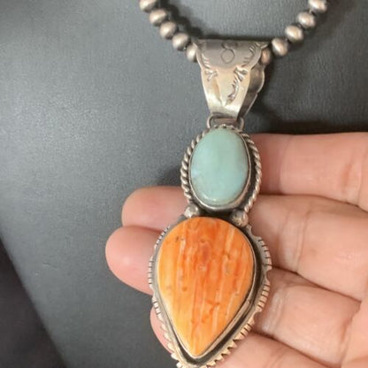 Navajo Dry Creek Turquoise Spiny Necklace Pendant | Sterling Silver | 2.5" | 13581