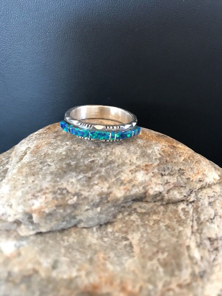 Southwestern Navajo Blue Opal Inlay Ring | Sterling Silver | Sz 9.5 | Authentic Native American Handmade | 10612